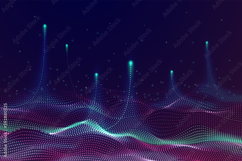 Particles technology banner. Tech science, futuristic graphic energy distortion. Digital network, dots sound waves recent vector background. Illustration technology digital, network motion particle
