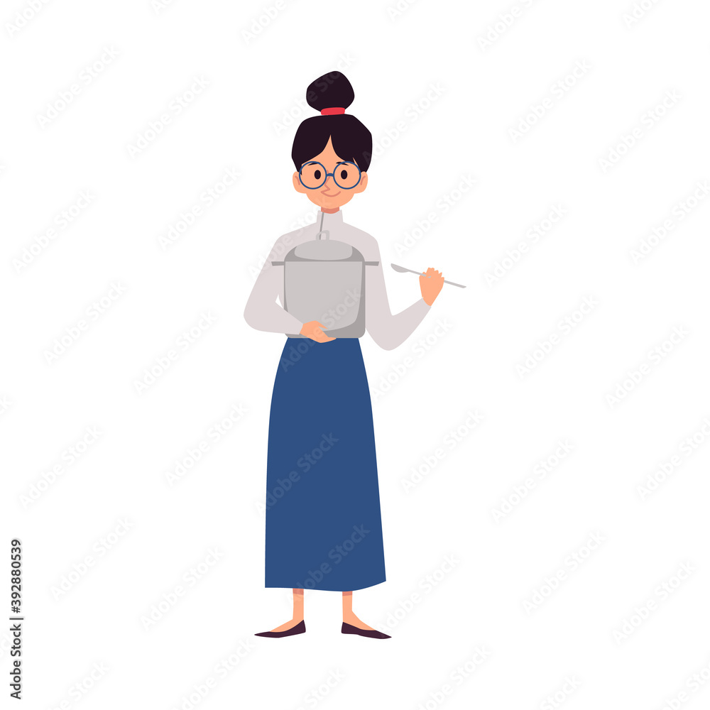 Woman chef cook with kitchen saucepan flat vector illustration isolated. Woman chef cook with kitchen saucepan flat vector illustration isolated.