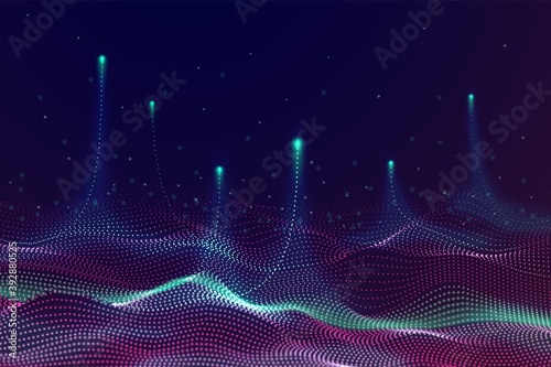 Particles technology banner. Tech science, futuristic graphic energy distortion. Digital network, dots sound waves recent vector background. Illustration technology digital, network motion particle