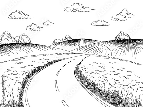 Rural road graphic black white landscape sketch illustration vector