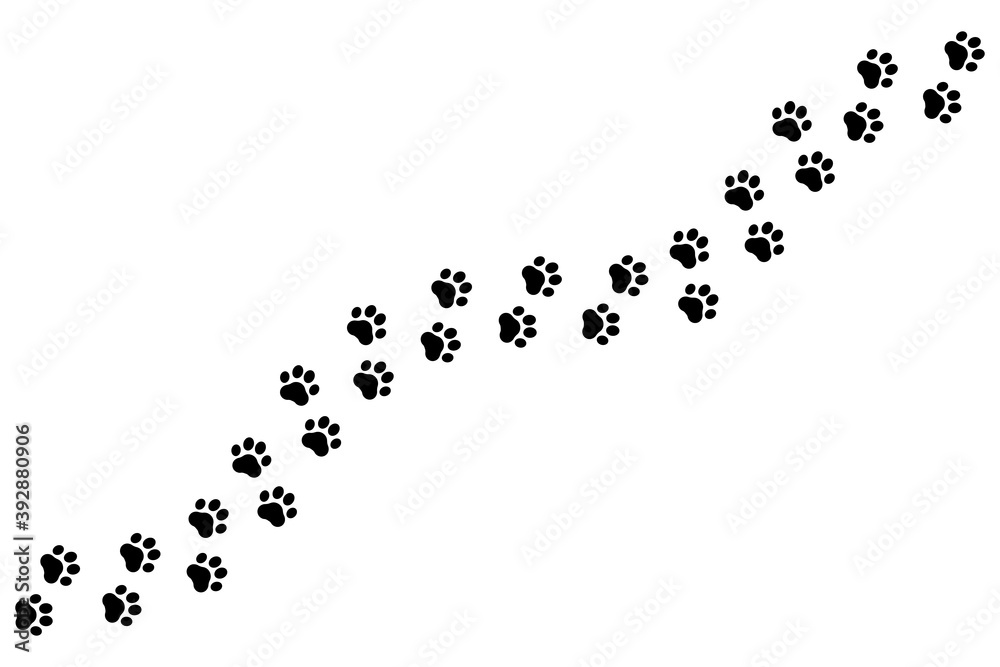 Paw print. Footprints for pets, dog or cat. Pet prints pattern. Foot puppy. Black silhouette shape paw. Footprint pet. Animal track. Trace dogs, cats. Cute background turn right. Design walks. Vector Paw print. Footprints for pets, dog or cat. Pet prints pattern. Foot puppy. Black silhouette shape paw. Footprint pet. Animal track. Trace dogs, cats. Cute background turn right. Design walks. Vector