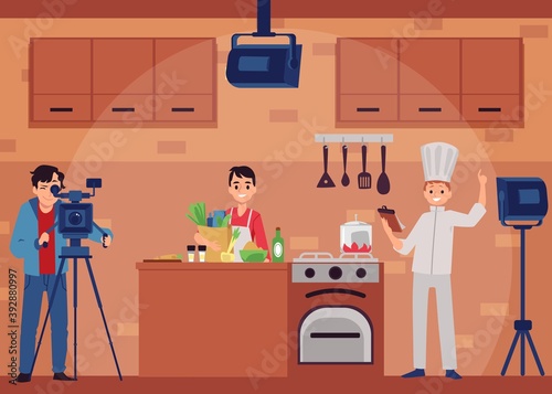 Shooting of culinary TV show in film studio flat vector illustration.