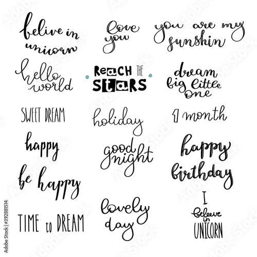 Set of lettering phrases for children.