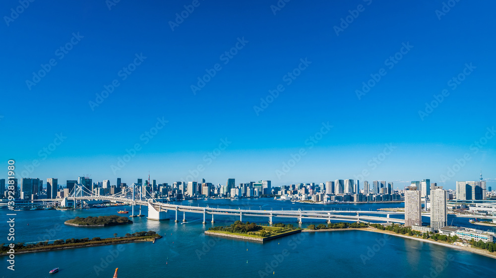お台場の展望台から見た東京の高層ビル群とレインボーブリッジ