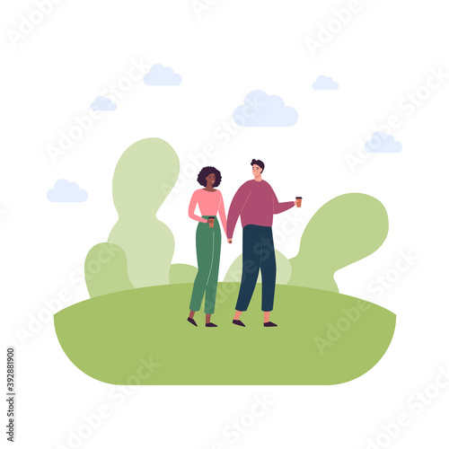 People relationship and dating concept. Vector flat style illustration. Couple of walking caucasian man and african american woman friend or lover on date. Outdoor summer walk in park with coffee.