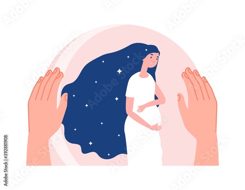 Mother protection. Motherhood, pregnant woman in safety bubble. Hand care about young female, baby waiting vector concept. Mother pregnancy healthy, motherhood protection illustration