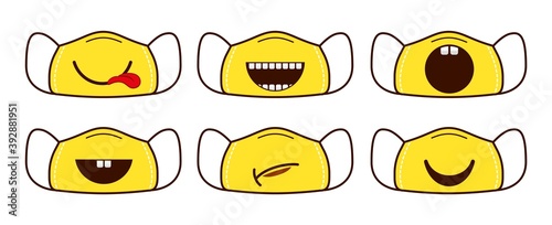 Personal face mask. Protective equipment design, antiviral reusable mouth accessories. Smile on template vector collection. Smile virus mask for protection coronavirus illustration