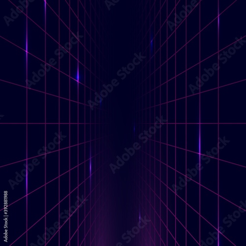 Shine grid. Futuristic perspective architecture landscape, abstract tunnel with glowing elements. Wall of buildings, data science storage vector background. Illustration futuristic space shine grid