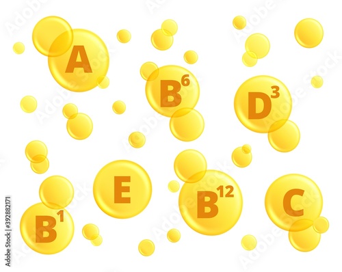 Vitamins oil. Detox capsules, pharmaceutical symbols or minerals. Medicine diet supplements, natural organic b6 a c d3 vector set. Illustration detox capsule oil, organic acid and vitamin d