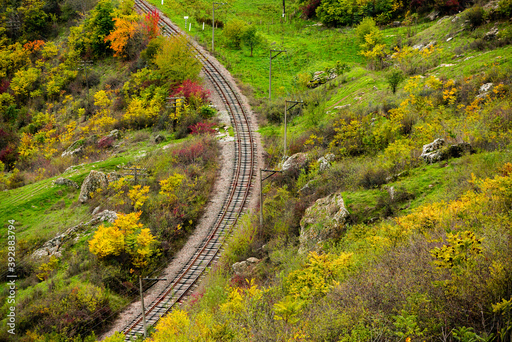 Russian Straight Railway with trees. Landscape with railroad, summer time traveling, freedom of movement.
