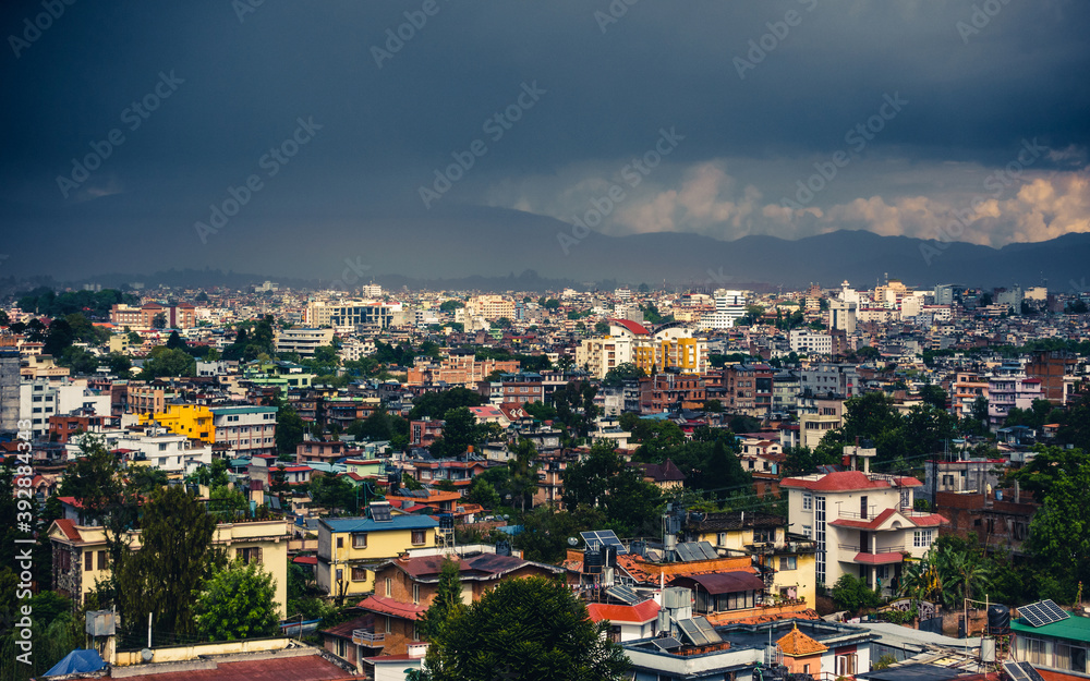 Dark stormy clouds over Patan and Kathmandu in Nepal