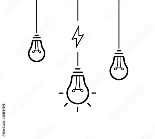 Creative idea. Set of hanging from above light bulbs. Light bulb with cable and lightning bolt. Vector illustration