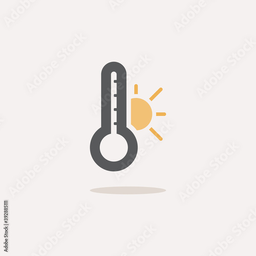 Thermometer and sun. Summer temperature. Color icon with shadow. Weather vector illustration