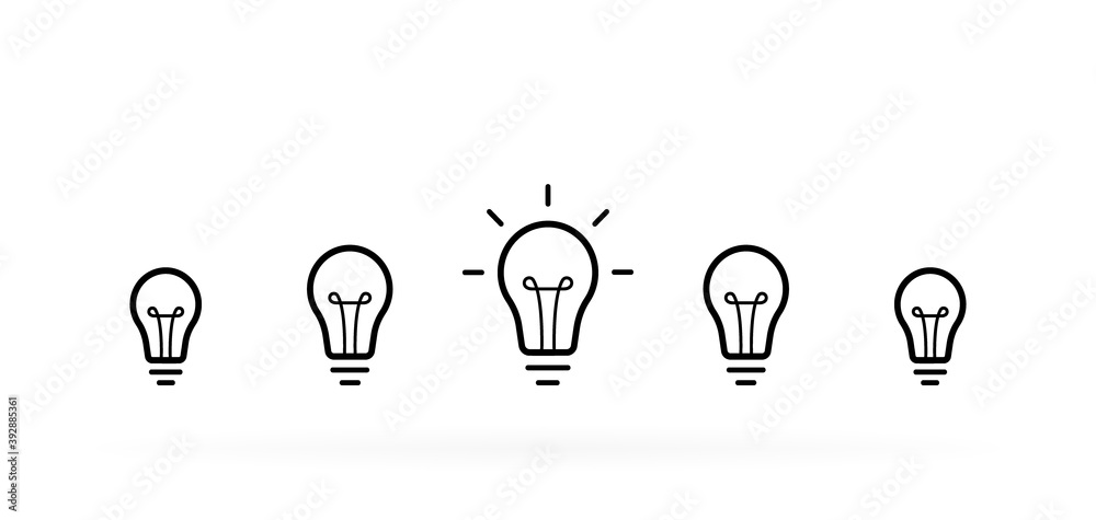 Creative idea. Set of standing light bulbs. Light with rays isolated on white background. Vector illustration Creative idea. Set of standing light bulbs. Light with rays isolated on white background. Vector illustration