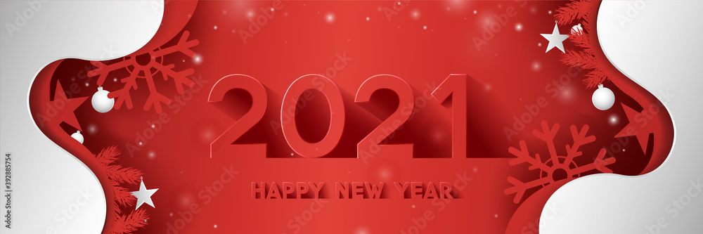 Happy New Year 2021 text design in paper cut style and long shadow on red and white background with sparkles. Vector Illustration Happy New Year 2021 text design in paper cut style and long shadow on red and white background with sparkles. Vector Illustration