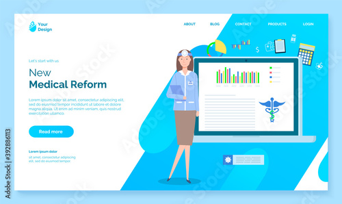Landing page of a new medical reform. A woman doctor is standing near the laptop with chart report. Symbol of medicine. Doctor with forehead mirror and clipboard. Medical insurance. New clinic law