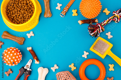 Set of accessories for the dog on blue background. Yellow bowl, collar, ball, goodies. Caring concept. Canine background. Top view, flat lay