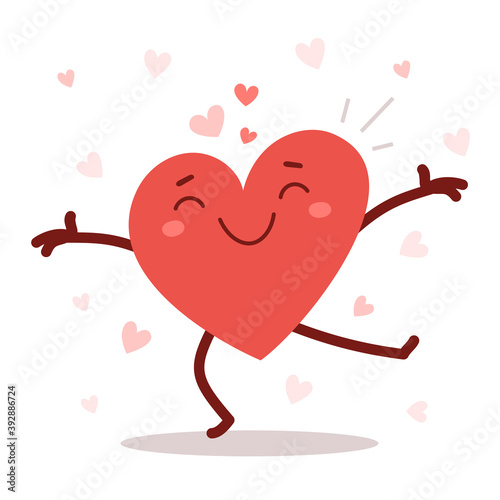 Romantic flat style Valentine's Day illustration to share feeling of love. Vector red cute happy heart character with arms spread wide and smile