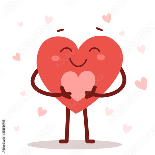 Vector red cute happy heart character holding a heart with smile on white background. Romantic flat style Valentine's Day illustration