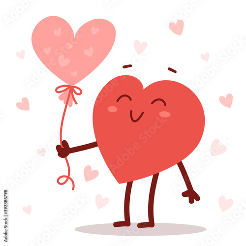 Vector red cute happy heart character holding a heart air balloon with smile on white background. Romantic flat style Valentine's Day illustration