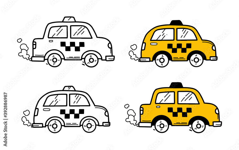 Taxi cars in doodle hand drawing style. Vector outline cabs in black and yellow colours. Taxi cars in doodle hand drawing style. Vector outline cabs in black and yellow colours.