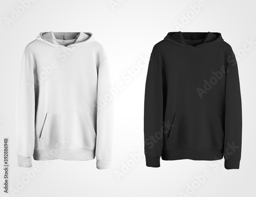 Blank white and black hoodie mockup, for presentation of design, pattern, print, front view. © olegphotor