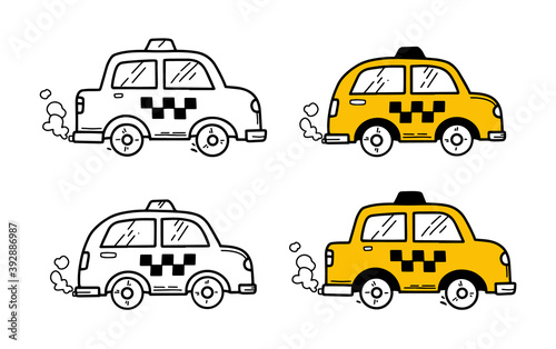 Fényképezés Taxi cars in doodle hand drawing style