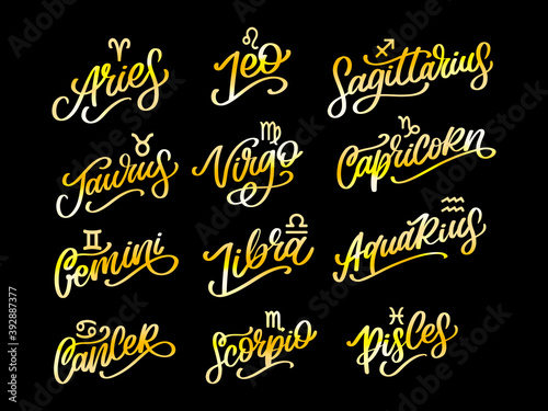 Zodiac lettering Vector Sign. Cartoon astrology text illustration. Horoscope handwritten icon set.