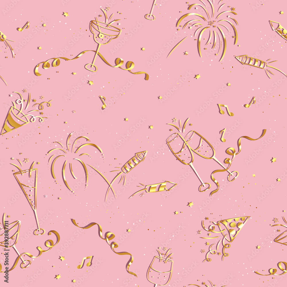 Lovely hand drawn New Years design with streamers, fireworks and decoration, pink background, great for banners, wallpapers, textiles, wrapping