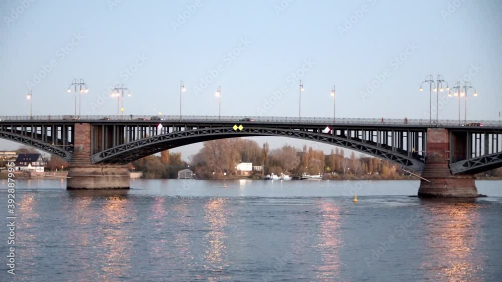 Slow pan of the Theodor Heuss Bridge in Mainz with cars driving on it. Slow pan of the Theodor Heuss Bridge in Mainz with cars driving on it.