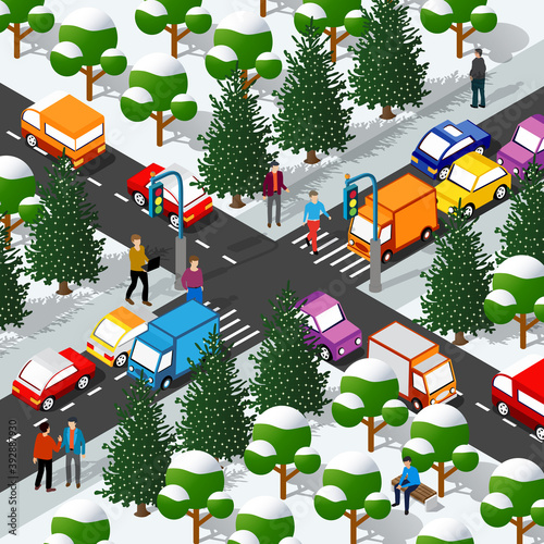 Isometric 3D winter Christmas illustration of the city quarter