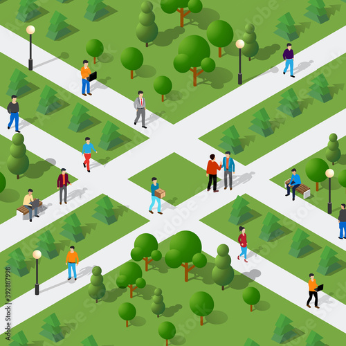 Isometric people lifestyle communication in an urban environment
