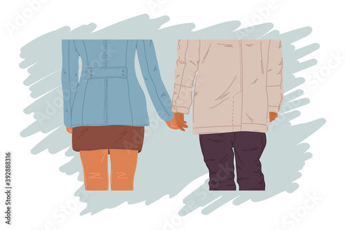 Beloved people hold hands. Two people from the back. A couple of loving people, together. Concept for a greeting card for February 14, love day. Hand-drawn in the isolated clipart vector. Vector