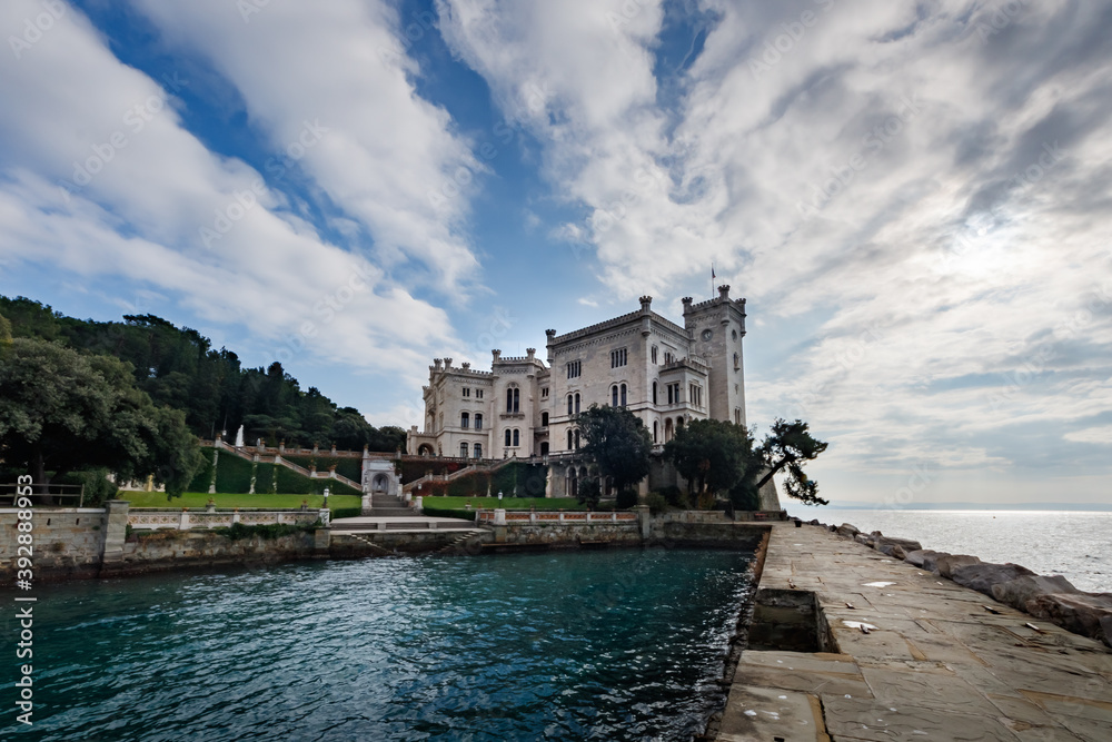 Italian castle by Adriatic sea in the gulf of Triest, ocean view in day light