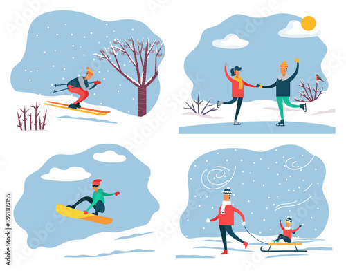 Set of people on winter vacation leading active and sportive lifestyle. Skiing and snowboarding, couple ice skating. Father pulling sleds with son sitting on it. Family weekends in wintertime vector