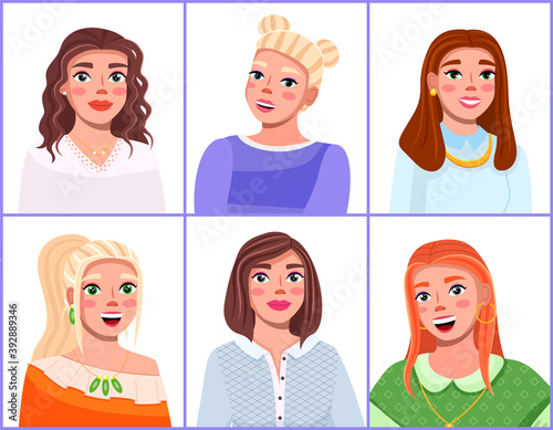 Image of 6 young, beautiful, stylish, trendy girls. Fashionable makeup, hairstyles. Trendy women, streamers. Makeup master class. Modern trends, cosmetics guide Video blogging broadcasting