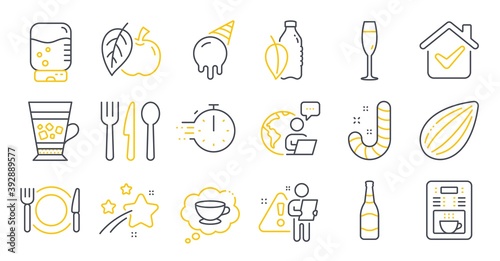 Set of Food and drink icons, such as Frappe, Candy, Ice cream symbols. Cooking timer, Apple, Champagne glass signs. Coffee cup, Water cooler, Almond nut. Beer bottle, Restaurant food, Food. Vector