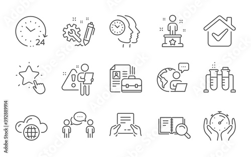 Receive file  Success and Time management line icons set. Consulting business  Search book and Cloud computing signs. Timer  Chemistry beaker and Vacancy symbols. Line icons set. Vector