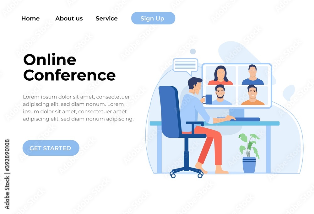 Video conference landing page. People on computer screen taking with colleague. Video conferencing and online meeting workspace vector page Video conference landing page. People on computer screen taking with colleague. Video conferencing and online meeting workspace vector page