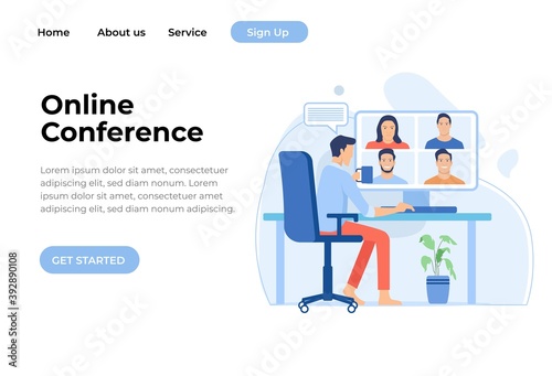 Video conference landing page. People on computer screen taking with colleague. Video conferencing and online meeting workspace vector page