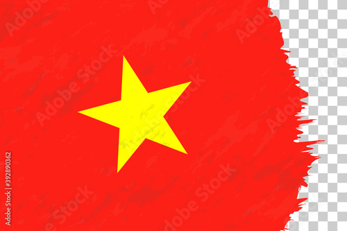 Horizontal Abstract Grunge Brushed Flag of Vietnam on Transparent Grid.