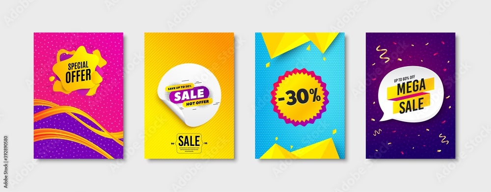 Sale 30%, Sale and Special offer promo label set. Sticker template layout. Discount bubble, Offer sticker, Banner shape. Discount tag. Promotional tag set. Speech bubble banner. Vector