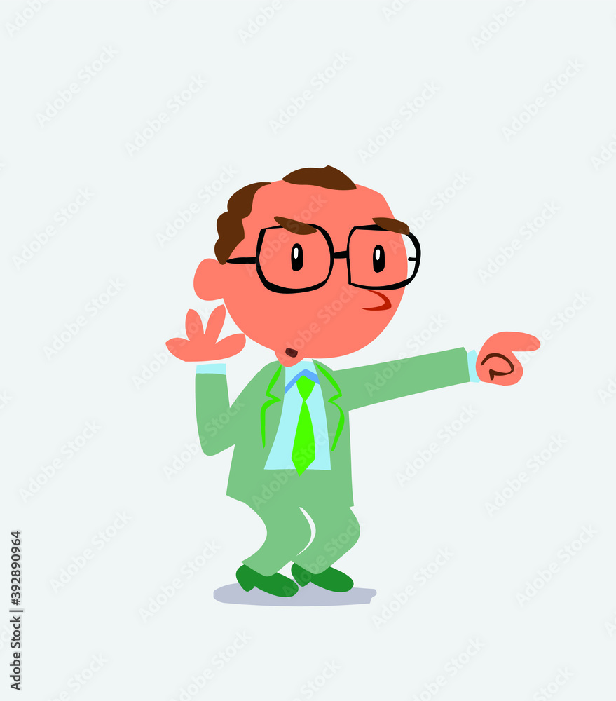 Surprised cartoon character of businessman points to something.