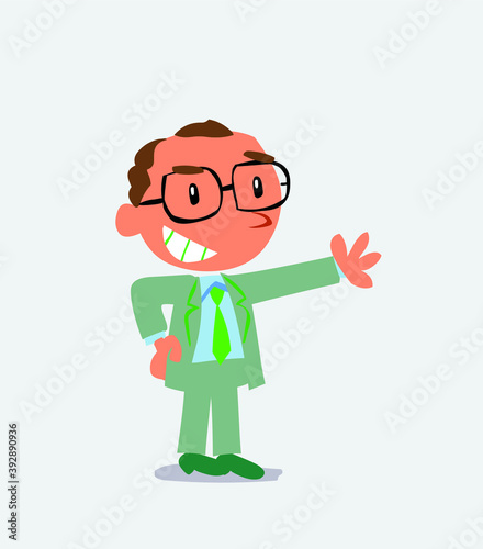 Pleased cartoon character of businessman points to something.