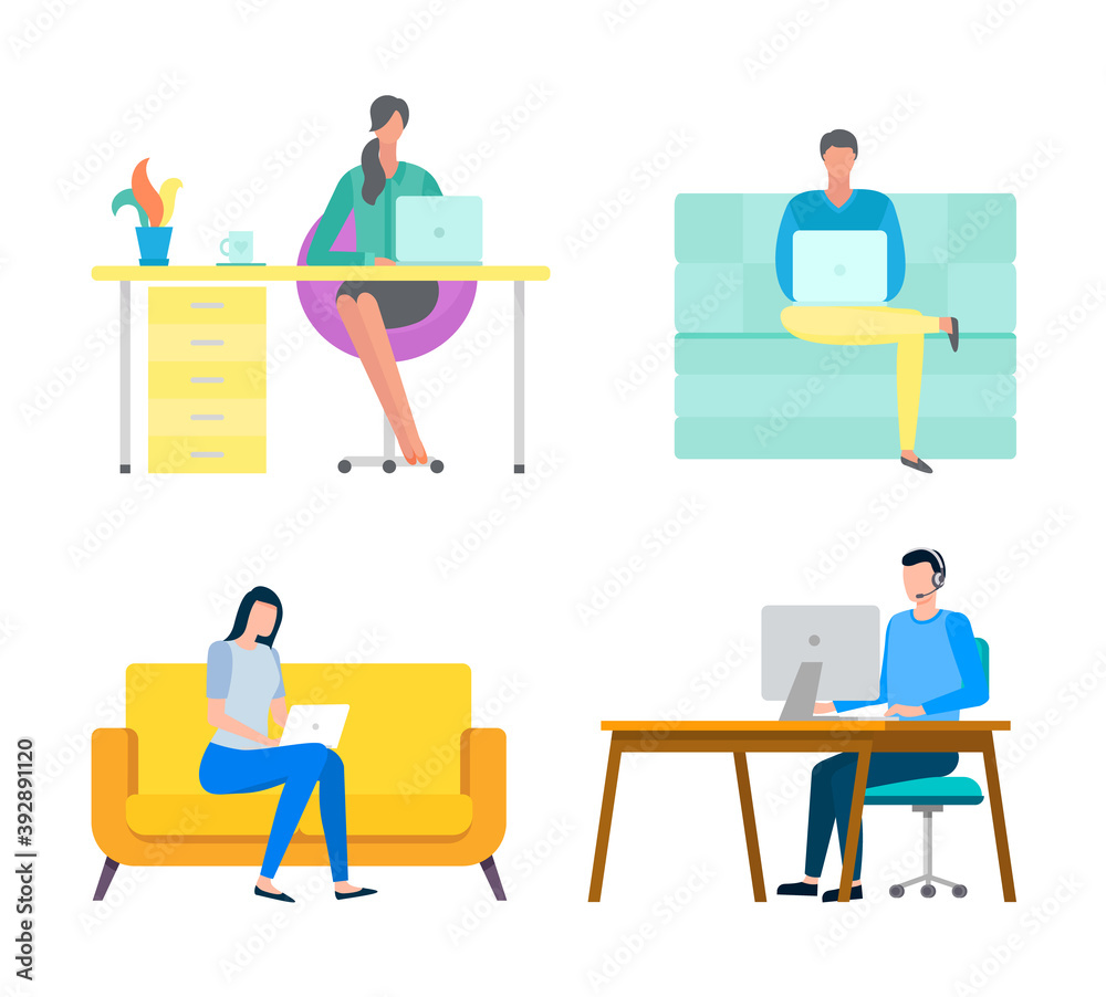 People sitting by tables working online vector, man and woman with laptops, programmers and coders doing tasks and developing business project base People sitting by tables working online vector, man and woman with laptops, programmers and coders doing tasks and developing business project base