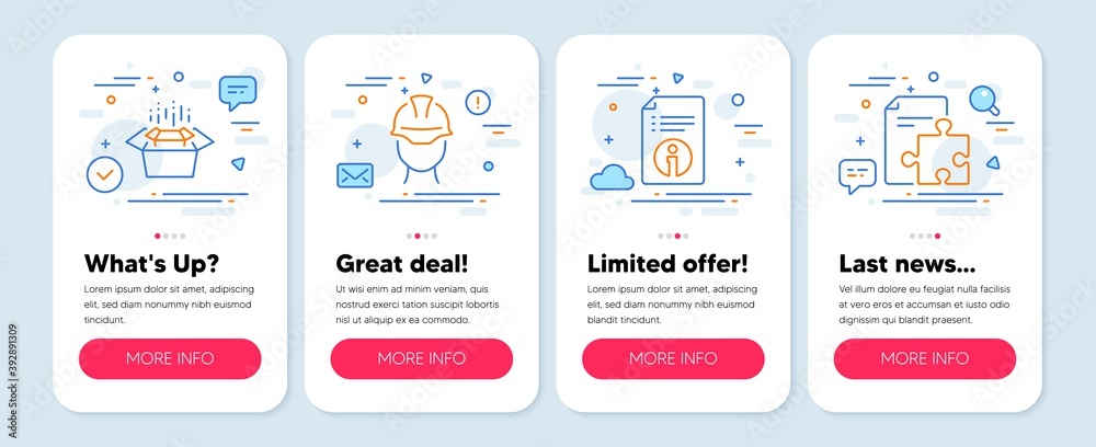 Set of Industrial icons, such as Packing boxes, Technical info, Foreman symbols. Mobile app mockup banners. Strategy line icons. Delivery box, Documentation, Engineer person. Puzzle. Vector Set of Industrial icons, such as Packing boxes, Technical info, Foreman symbols. Mobile app mockup banners. Strategy line icons. Delivery box, Documentation, Engineer person. Puzzle. Vector