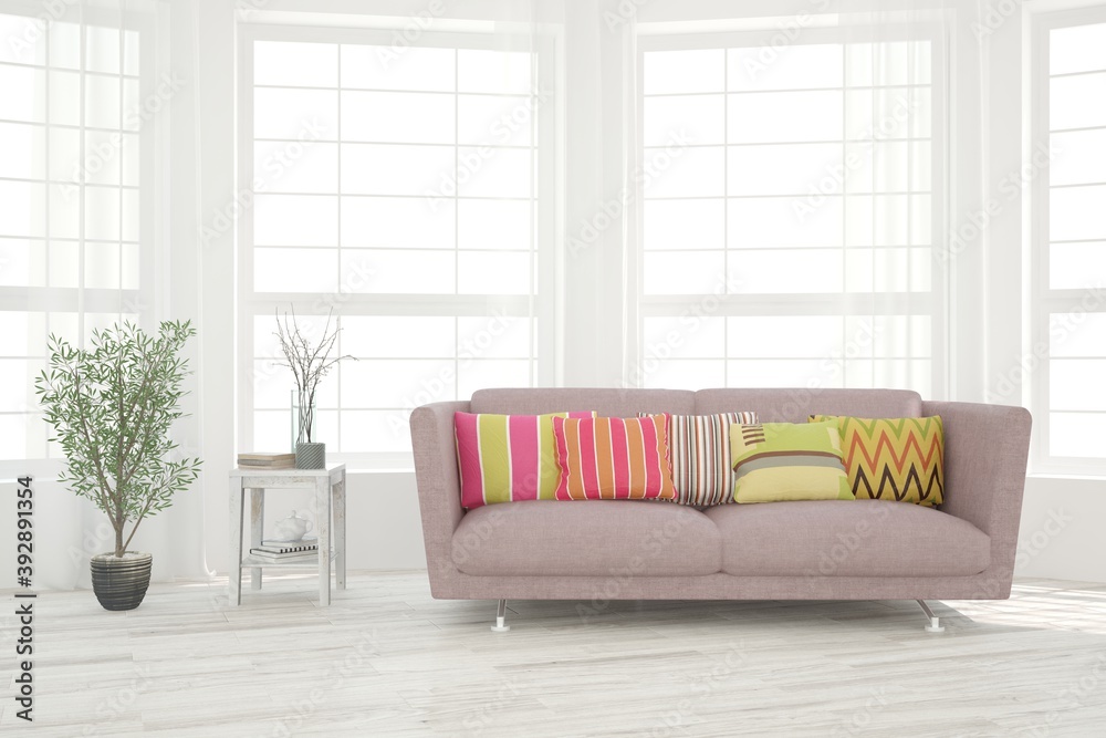 Fototapeta premium White living room with sofa. Scandinavian interior design. 3D illustration