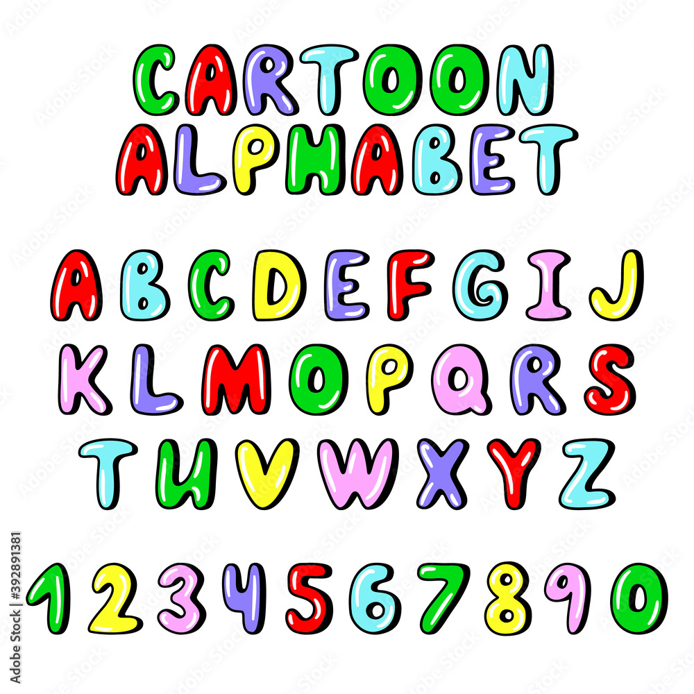 Funny cartoon alphabet. Multicolored capital letters and numbers set. Kids vector comic font. Funny cartoon alphabet. Multicolored capital letters and numbers set. Kids vector comic font.