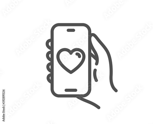 Dating app line icon. Hand hold phone sign. Cellphone with screen notification symbol. Quality design element. Linear style dating app icon. Editable stroke. Vector