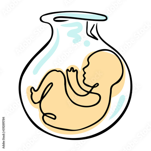 Illustration abstract baby in test tube black outlines on white background. Simple style.